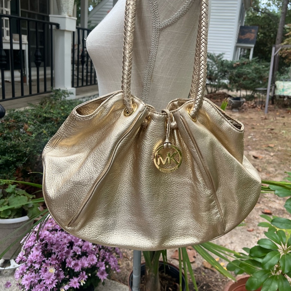MICHAEL Michael Kors Gold Pebbled Camden Drawstring Shoulder Bag , Medium, EUC